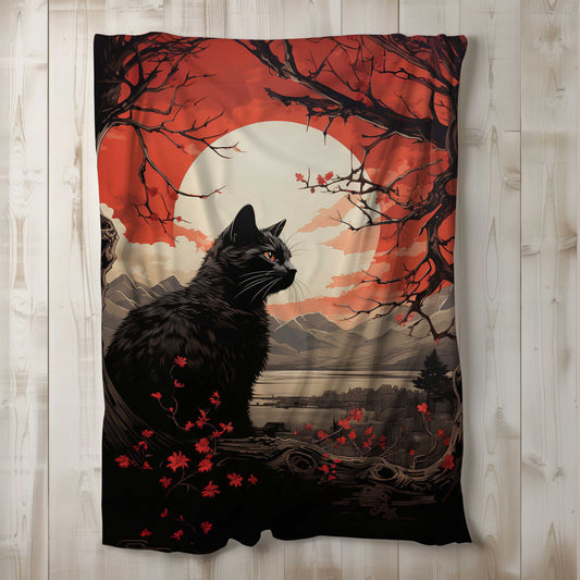 Moonlit Silhouette: Black Cat by the Lake